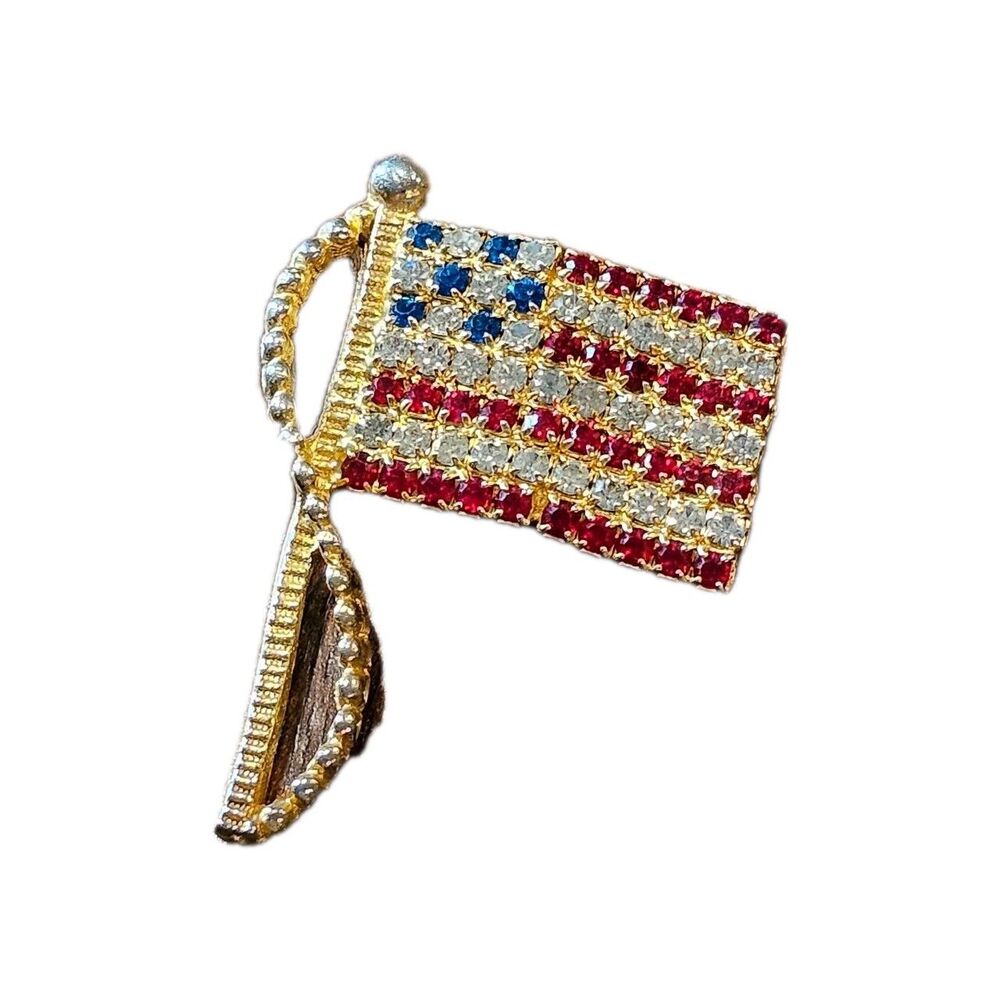 Patriotic RAPHAELIAN Vintage Gold Pin Brooch Flag American USA Rhinestone  4th
